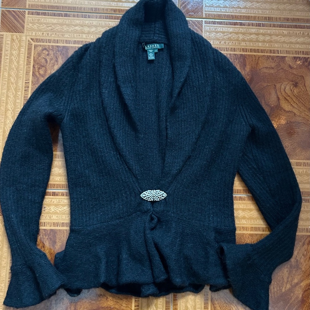 Lauren by Ralph Lauren Black Mohair Sweater with Rhinestone Clasp Size Small